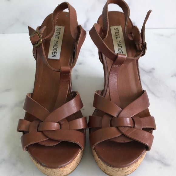 Steve Madden Brown Leather Cork Wedge Sandals Size 6 - Picture 1 of 14